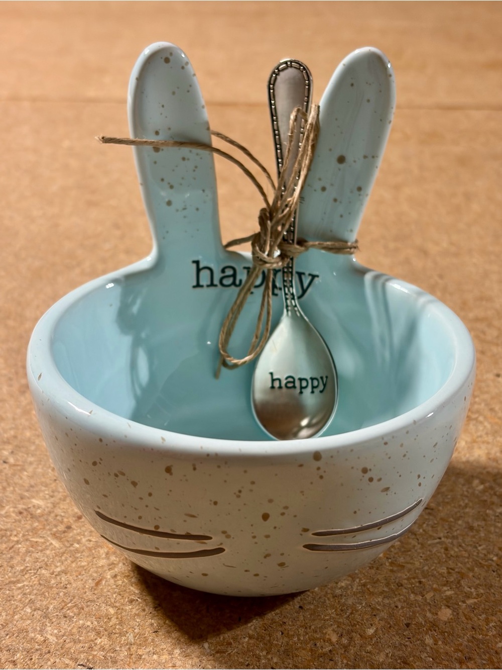 Mud Pie Easter Bunny Dip Bowl Speckled Blue Ceramic Cup Stamped Happy Spoon